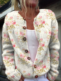 Frische Pinke Blumen und Grüne Blätter Druck | Knopf-Cardigan Pullover