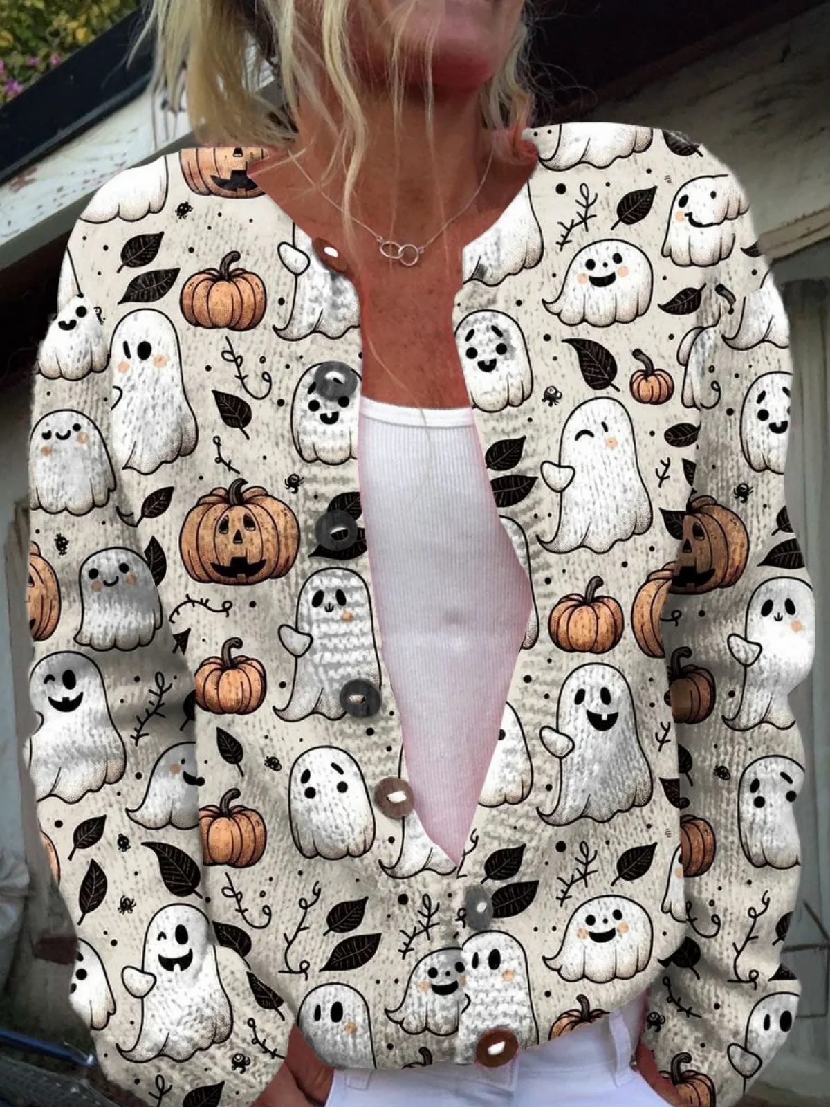 Lustiger Gespenst-Halloween | Kunstdruck | Knopf-Cardigan-Pullover