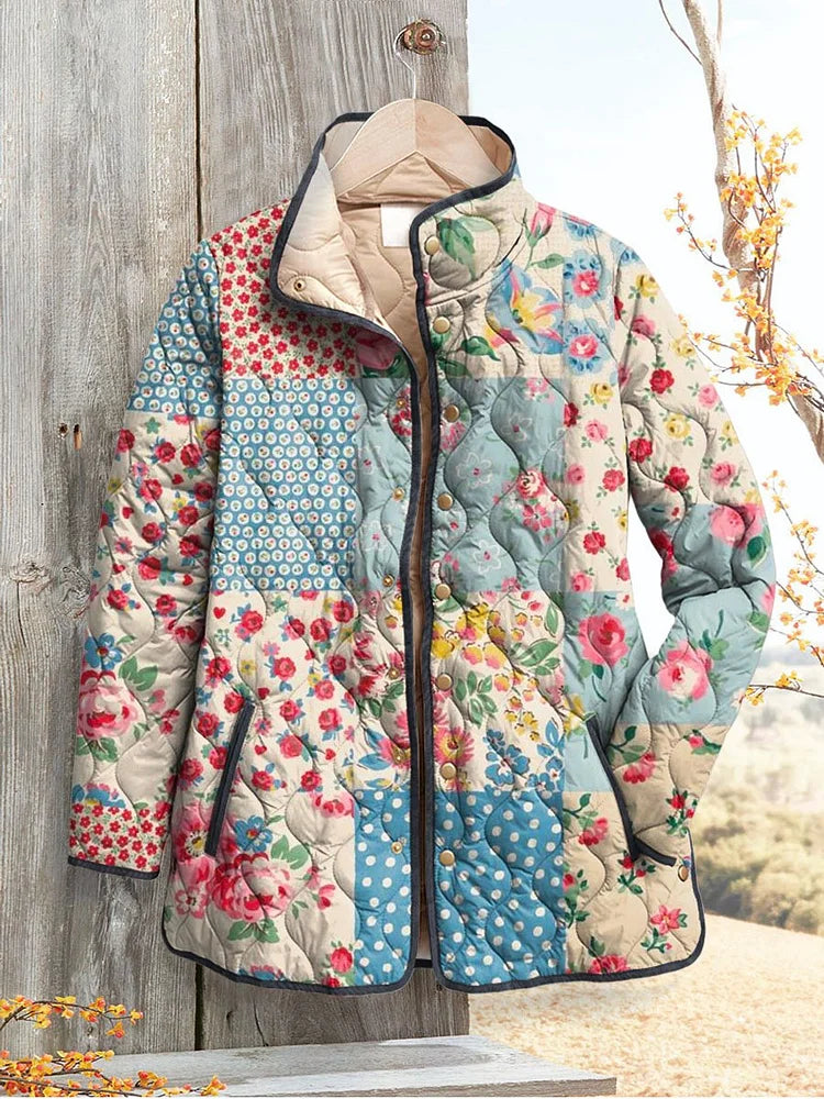 Damen Vintage Charmante Blumenjacke Casual Gep quiltet
